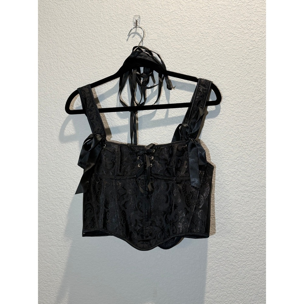 Black Corset Top XXL Satin Lace Up Bustier Ribbon Strap Gothic Coquette Festival